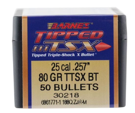 Picture of Barnes Bullets 30218 Tipped Tsx 25 Cal .257 80 Gr Ttsx Boat Tail 50 Per Box 