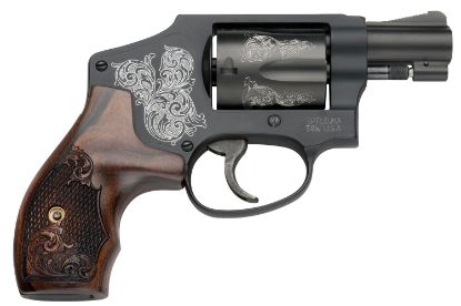 Picture of Smith & Wesson 150785 Model 442 38 S&W Spl +P 5 Shot 1.88" Engraved Black Carbon Steel Barrel/Cylinder, Engraved Black Aluminum J-Frame, Engraved Wood Grip, Mahogany Presentation Case 