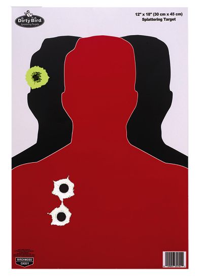 Picture of Birchwood Casey 35708 Dirty Bird Silhouette Tagboard Hanging Pistol 12" X 18" Black/Red White Impact Splatter 8 Per Pkg 