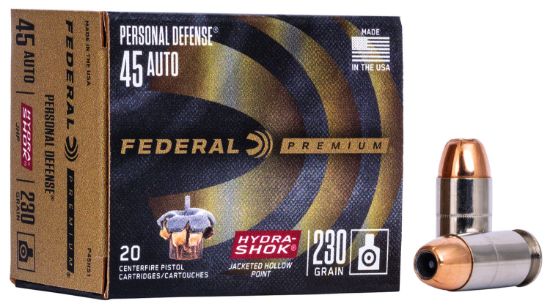 Picture of Federal P45hs1 Premium Personal Defense 45 Acp 230 Gr Hydra-Shok Jacketed Hollow Point 20 Per Box/ 25 Case 