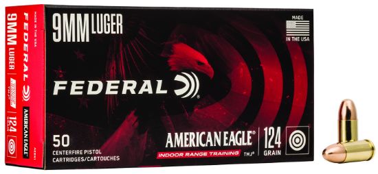 Picture of Federal Ae9n1 American Eagle Indoor Range Training 9Mm Luger 124 Gr Total Metal Jacket 50 Per Box/ 20 Case 