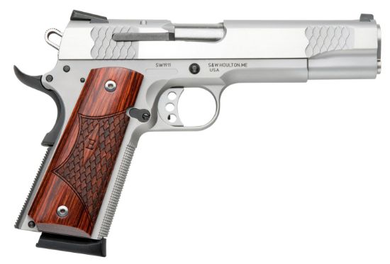 Picture of Smith & Wesson 108482 1911 E-Series Serrated Frame 45 Acp 8+1 5" Stainless Steel Barrel, Satin Stainless Serrated Slide & Frame W/Beavertail, Laminate Wood Grip 