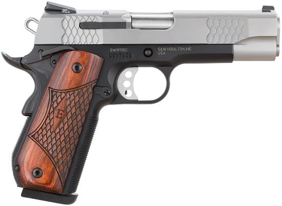 Picture of Smith & Wesson 108485 1911 E-Series 45 Acp 4.25" Barrel 8+1, Black Round Butt Scandium Frame, Satin Stainless Steel Slide, Laminate Wood Grip, Manual Grip & Thumb Safety 