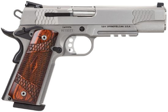 Picture of Smith & Wesson 108411 1911 E-Series 45 Acp 5" Barrel 8+1, Satin Stainless Steel Frame & Slide, Laminate Wood E Series Grip, Tactical Accessory Rail, Manual Grip & Thumb Safety 