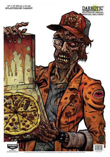 Picture of Birchwood Casey 35650 Darkotic Special Delivery Zombie Pizza Delivery Paper Hanging Universal 12" X 18" Multi-Color Impact Enhancement Splatter 8 Per Pkg 