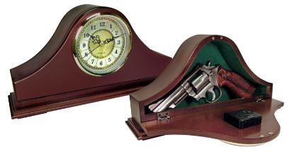 Picture of Peace Keeper Mgc Mantle Gun Clock Front Panel Entry Mahogany Stain Wood Holds 1 Handgun 14.62" L X 7.37" H X 3.75" D 