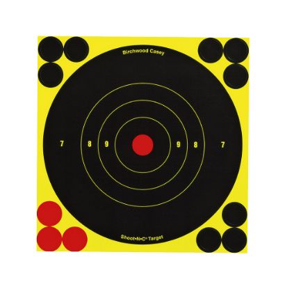 Picture of Birchwood Casey 34512 Shoot-N-C Reactive Target Self-Adhesive Paper Black/Yellow 6" Bullseye Includes Pasters 12 Pk 