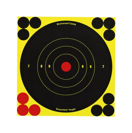 Picture of Birchwood Casey 34512 Shoot-N-C Reactive Target Self-Adhesive Paper Black/Yellow 6" Bullseye Includes Pasters 12 Pk 