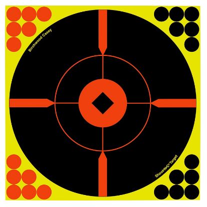 Picture of Birchwood Casey 34850 Shoot-N-C Reactive Target Self-Adhesive Paper Air Rifle/Centerfire Rifle/Rimfire Rifle Black/Yellow 8" Bullseye Bmw Includes Pasters 50 Per Pkg 