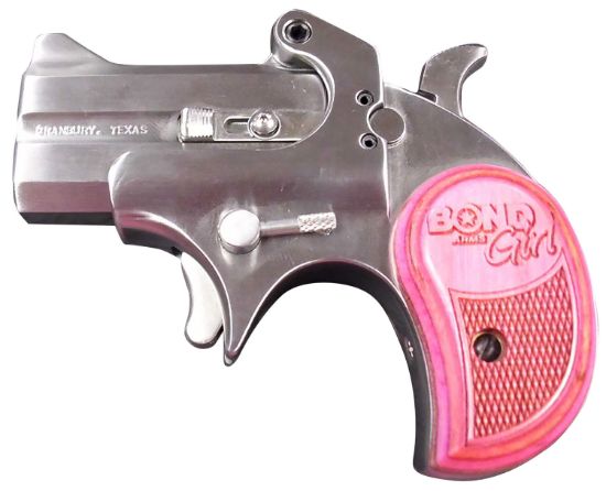 Picture of Bond Arms Bam Mini Girl 357 Mag/38 Sp 2Rd 2.50" Stainless Steel Double Barrel & Frame, Auto Extractor & Rebounding Hammer, Blade Front/Fixed Rear Sights, Pink Laminate Grip, Manual Safety 