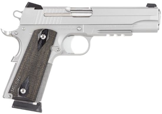 Picture of Sig Sauer 1911R45sssca 1911 Full Size *Ca Compliant 45 Acp Caliber With 5" Barrel, 8+1 Capacity, Overall Stainless Steel Finish, Picatinny Rail/Beavertail Frame, Serrated Slide & Blackwood Grip 