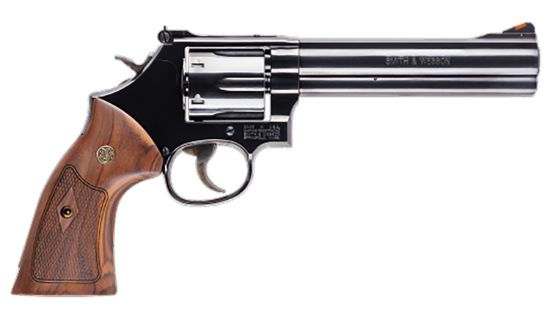 Picture of Smith & Wesson 150908 Model 586 Classic 357 Mag Or 38 S&W Spl +P Blued Carbon Steel 6" Barrel, 6Rd Cylinder & Square Butt L-Frame, Wood Grip With S&W Medallions 