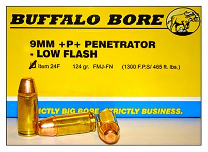 Picture of Buffalo Bore Ammunition 24F20 Penetrator Strictly Business 9Mm Luger +P+ 124 Gr Full Metal Jacket Flat Nose 20 Per Box/ 12 Case 