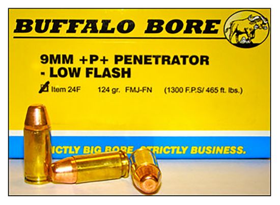 Picture of Buffalo Bore Ammunition 24F20 Penetrator Strictly Business 9Mm Luger +P+ 124 Gr Full Metal Jacket Flat Nose 20 Per Box/ 12 Case 