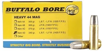 Picture of Buffalo Bore Ammunition 4D20 Heavy Strictly Business 44 Rem Mag +P+ 340 Gr Lead Flat Nose 20 Per Box/ 12 Case 