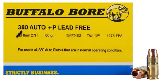 Picture of Buffalo Bore Ammunition 27H20 Buffalo-Barnes Strictly Business 380 Acp +P 80 Gr Barnes Tac Xp Lead Free 20 Per Box/ 12 Case 