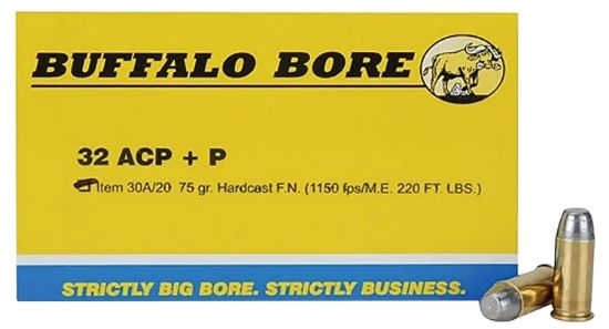 Picture of Buffalo Bore Ammunition 30A20 Personal Defense Strictly Business 32 Acp +P 75 Gr Hard Cast Flat Nose 20 Per Box/ 12 Case 