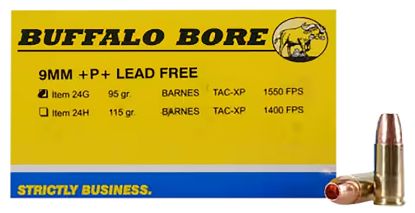 Picture of Buffalo Bore Ammunition 24G20 Buffalo-Barnes Strictly Business 9Mm Luger +P+ 95 Gr Barnes Tac Xp Lead Free 20 Per Box/ 12 Case 