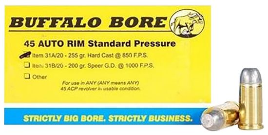 Picture of Buffalo Bore Ammunition 31A20 Standard Pressure Strictly Business 45 Auto Rim 255 Gr Hard Cast Flat Nose 20 Per Box/ 12 Case 