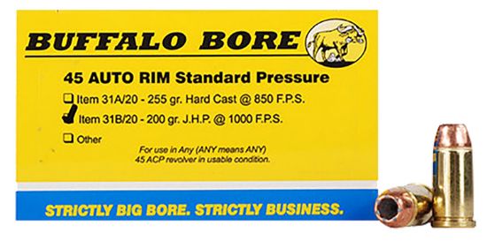 Picture of Buffalo Bore Ammunition 31B20 Standard Pressure Strictly Business 45 Auto Rim 200 Gr Jacket Hollow Point 20 Per Box/ 12 Case 