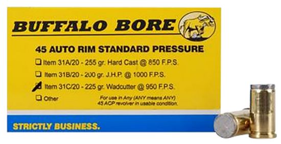 Picture of Buffalo Bore Ammunition 31C20 Standard Pressure Strictly Business 45 Auto Rim 225 Gr Wadcutter 20 Per Box/ 12 Case 