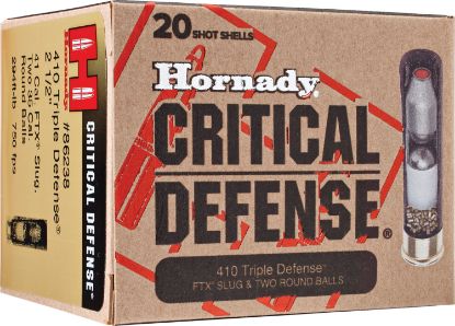 Picture of Hornady 86238 Critical Defense Triple Defense 410 Gauge 2.50" 2 Round Balls 1 Ftx Slug 20 Per Box/ 10 Case 