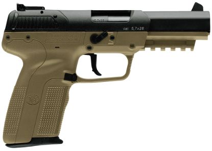 Picture of Fn 3868929352 Five-Seven *Ca Compliant 5.7X28mm 10+1 4.80" Black Steel Barrel, Black Serrated Steel Slide & Polymer Frame W/Picatinny Rail, Fde Textured Polymer Grip, Ambidextrous 