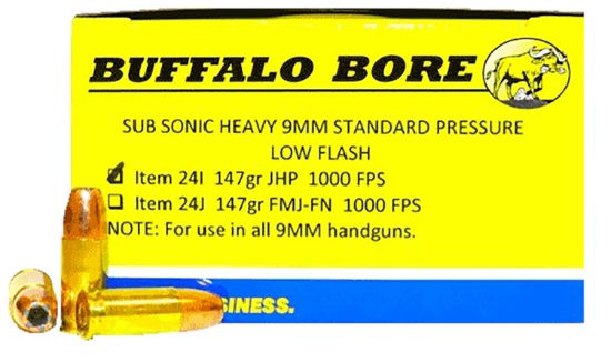 Picture of Buffalo Bore Ammunition 24I20 Subsonic Strictly Business 9Mm Luger Subsonic 147 Gr Jacket Hollow Point 20 Per Box/ 12 Case 