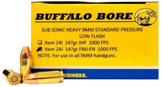 Picture of Buffalo Bore Ammunition 24J20 Subsonic Strictly Business 9Mm Luger Subsonic 147 Gr Full Metal Jacket Flat Nose 20 Per Box/ 12 Case 