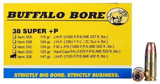 Picture of Buffalo Bore Ammunition 33E20 Personal Defense Strictly Business 38 Super +P 147 Gr Jacket Hollow Point 20 Per Box/ 12 Case 