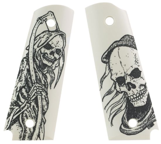 Picture of Hogue 45026 Scrimshaw Grip Ambi-Cut Ivory With Grim Reaper Polymer For 1911 Government 