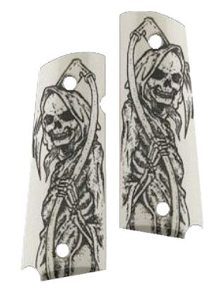 Picture of Hogue 45029 Scrimshaw Grip Abmi-Cut Ivory With Full Body Grim Reaper Polymer For 1911 Government 