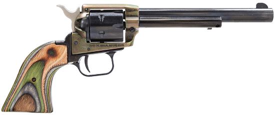 Picture of Heritage Mfg Rr22ch6 Rough Rider 22 Lr 6 Shot, 6.50" Black Oxide Steel Barrel, Simulated Case Hardened Zinc Alloy Frame, Black Oxide Cylinder, Camo Laminate Grip, Manual Safety, Exposed Hammer 