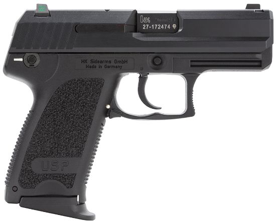 Picture of Hk 81000330 Usp Compact Frame 9Mm Luger 13+1, 3.58" Black Polygonal Rifled Barrel, Black Serrated Steel Slide, Black Polymer Frame, Black Polymer Grip, Night Sights, Bobbed Hammer, Ambidextrous 