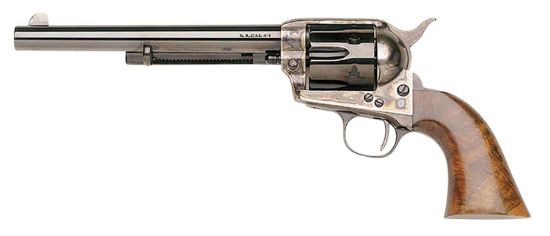 Picture of Taylors & Company 550907 1873 Cattleman Sao 45 Colt (Lc) Caliber With 7.50" Blued Finish Barrel, 6Rd Capacity Blued Finish Cylinder, Color Case Hardened Finish Steel Frame & Walnut Grip 