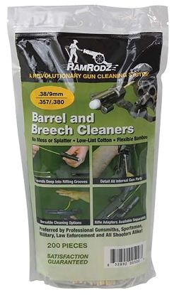 Picture of Ramrodz 38200 Barrel & Breech Cleaning Swabs 9Mm/38/380/357 Cal Handgun Firearm Cotton/Bamboo 8" Long 200 Per Pkg 
