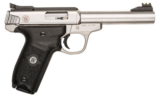 Picture of Smith & Wesson 108490 Sw22 Victory Full Size Frame 22 Lr 10+1, 5.50" Silver Match Grade Barrel, Satin Serrated Slide & Frame, Black Textured Grip, Thumb Safety 