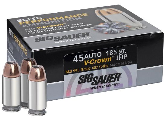 Picture of Sig Sauer E45ap020 Elite Performance 45 Acp 185 Gr V Crown Jacketed Hollow Point 20 Per Box/ 10 Case 