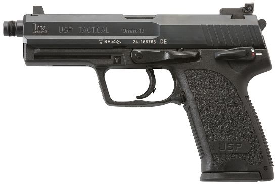 Picture of Hk 81000347 Usp Tactical V1 Full Size Frame 9Mm Luger 15+1, 4.86" Black Steel Threaded Barrel, Black Serrated Steel Slide, Black Polymer Frame W/Accessory Rail, Black Polymer Grip, Right Hand 