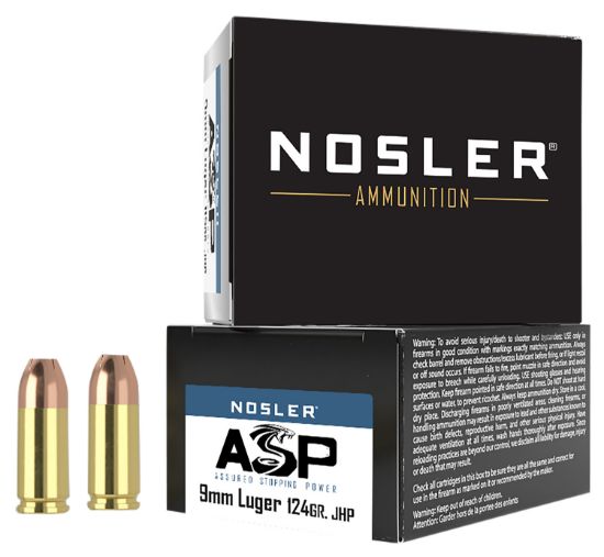 Picture of Nosler 51286 Assured Stopping Power Handgun 9Mm Luger 124 Gr Jacket Hollow Point 20 Per Box/ 20 Case 