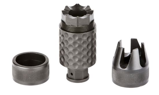 Picture of Spikes Tactical Sakb0200 Barking Spider2 Muzzle Brake Black Nitride 4140 Chromoly Steel With 5/8"-24 Tpi Threads, 3.75" Oal & 1.40" Diameter For 30 Cal 