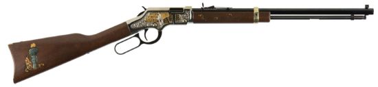 Picture of Henry H004gba Golden Boy God Bless America Edition 22 Short Caliber With 16 Lr/21 Short Capacity, 20" Octagon Barrel, Nickel-Plated Metal Finish & American Walnut Stock Right Hand 