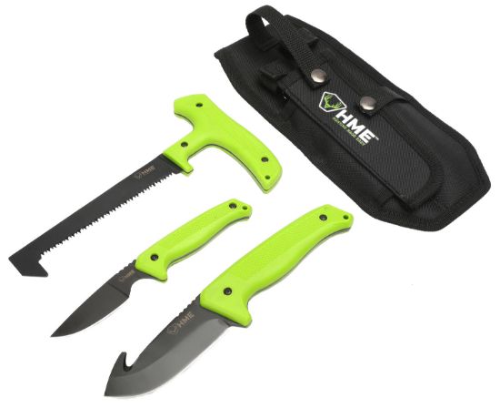 Picture of Hme Kn3pfk 3-Piece Field Kit Fixed 420Hc Stainless Steel Black Oxide Thermoplastic Rubber Green 9.50" Gut Hook/8.75" Saw/7.50" Caper 