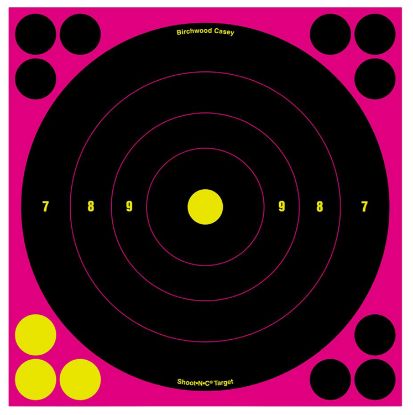 Picture of Birchwood Casey 34808 Shoot-N-C Reactive Target Self-Adhesive Paper Air Rifle/Centerfire Rifle/Rimfire Rifle Black/Pink 8" Bullseye Includes Pasters 6 Pack 