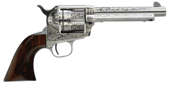 Picture of Taylors & Company 550898 1873 Cattleman 45 Colt (Lc) Caliber With 5.50" Barrel, 6Rd Capacity Cylinder, Overall White Photo Engraved Finish Steel & Walnut Grip 