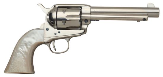 Picture of Taylors & Company 555113 1873 Cattleman 45 Colt (Lc) Caliber With 5.50" Barrel, 6Rd Capacity Cylinder, Overall Nickel-Plated Finish Steel & Mother Of Pearl Grip 