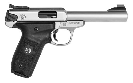 Picture of Smith & Wesson 11536 Sw Victory Target *Ma Compliant 22 Lr 5.50" Bull Barrel 10+1, Stainless Steel Barrel, Slide, & Frame, Black Polymer Grip With Integrated Target Thumb Rest, Manual Safety 