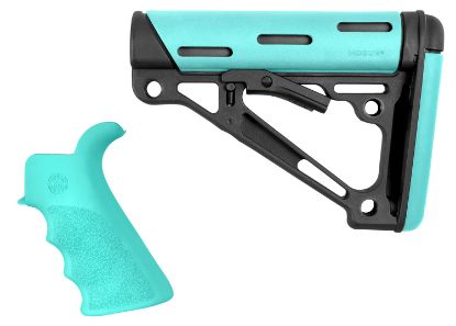 Picture of Hogue 13455 Overmolded 2-Piece Kit Collapsible Aqua Overmolded Rubber Black & Aqua Rubber Grip For Ar15, M16 With Commercial Tube (Tube Not Included) 
