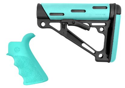 Picture of Hogue 13456 Overmolded 2-Piece Kit Collapsible Aqua Overmolded Rubber Black & Aqua Rubber Grip For Ar15, M16 With Mil-Spec Tube (Tube Not Included) 
