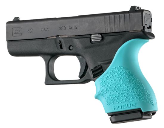 Picture of Hogue 18204 Handall Beavertail Grip Sleeve Compatible W/Glock 42/43 Textured Aqua Blue Rubber 